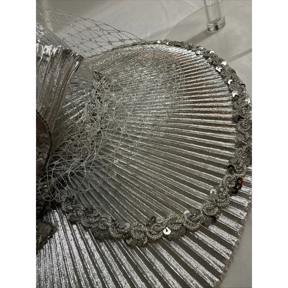 Women’s Silver Sequined Church Hat Wide Brim Size 7 1/2 Pleated Bow Fashion